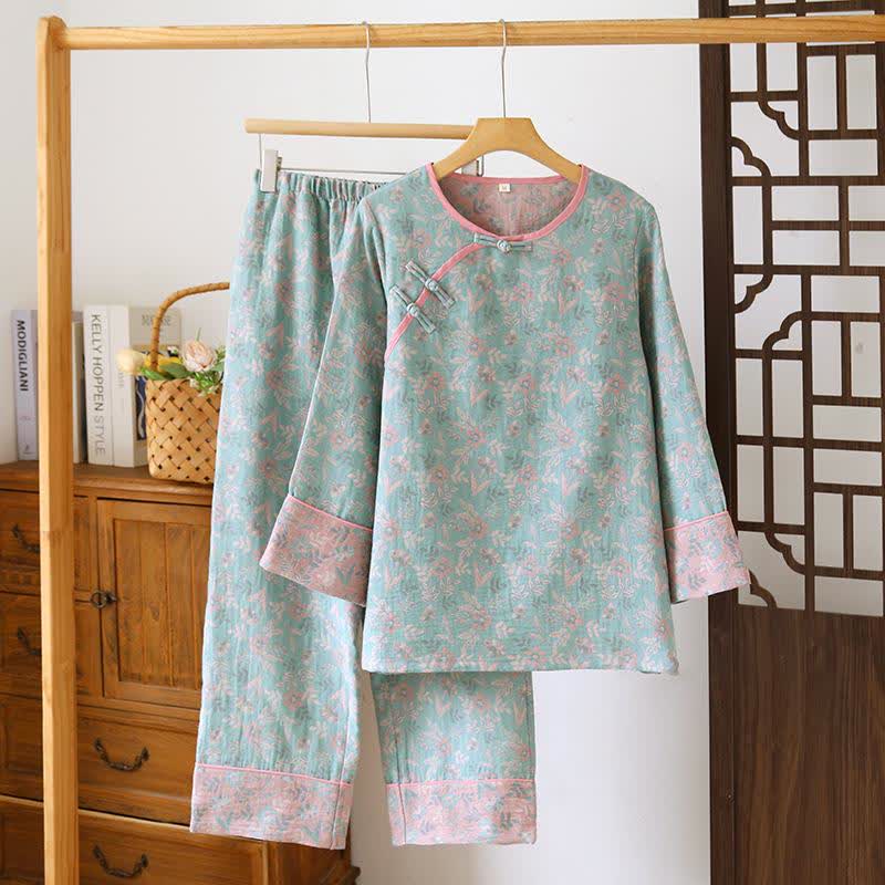 Pigiama in jacquard di garza di cotone floreale orientale