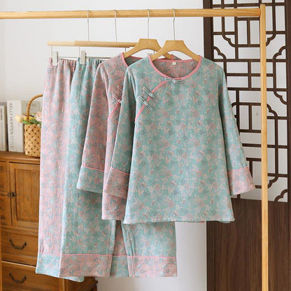 Pigiama in jacquard di garza di cotone floreale orientale