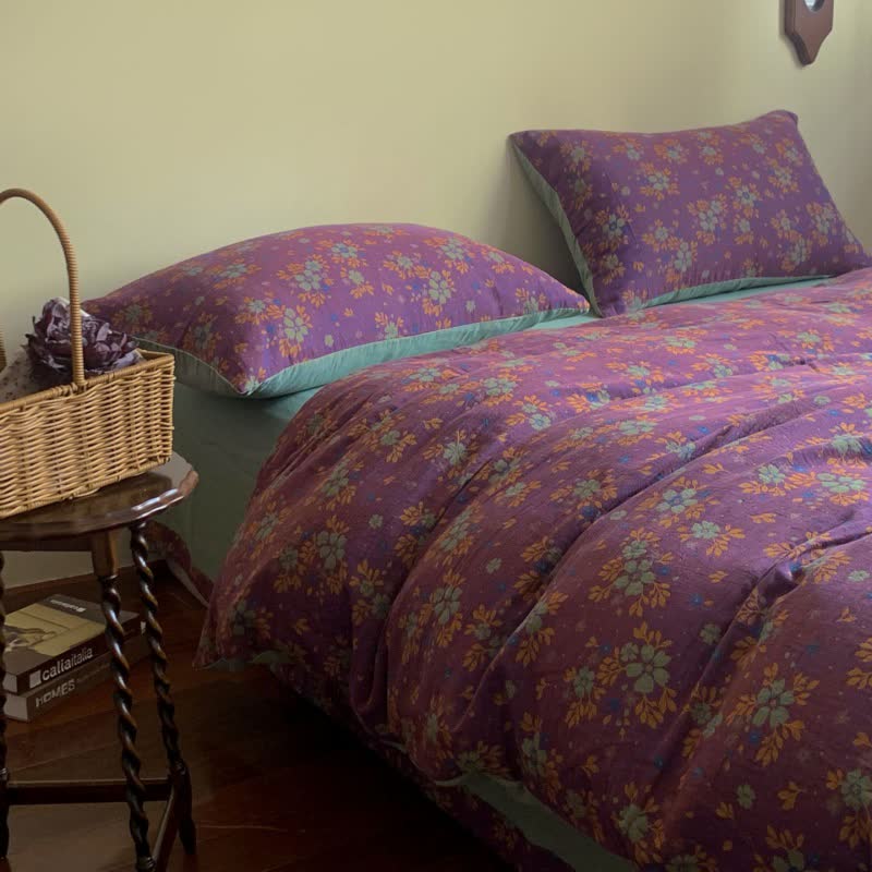 Set di biancheria da letto in jacquard di cotone floreale viola (4 pezzi)