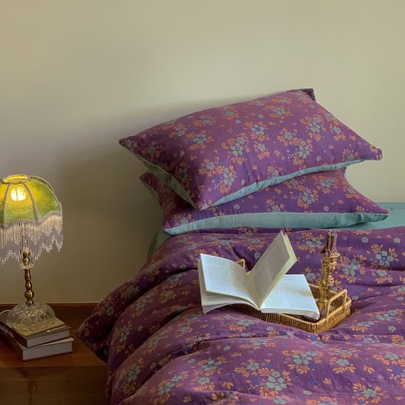 Set di biancheria da letto in jacquard di cotone floreale viola (4 pezzi)