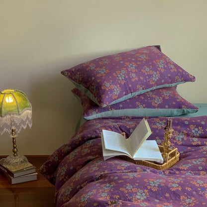 Set di biancheria da letto in jacquard di cotone floreale viola (4 pezzi)