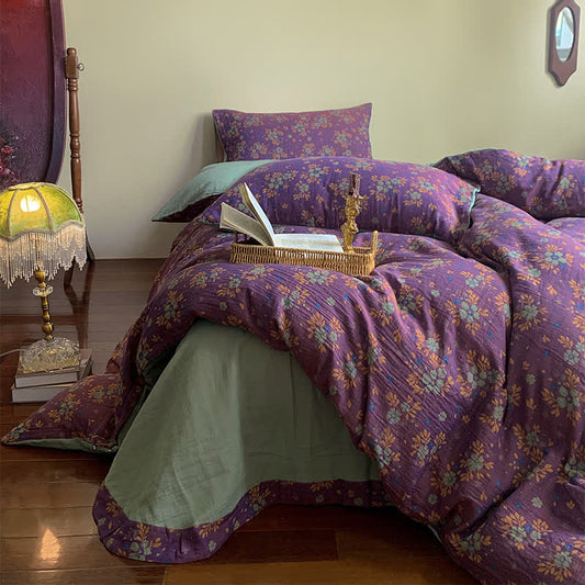 Set di biancheria da letto in jacquard di cotone floreale viola (4 pezzi)