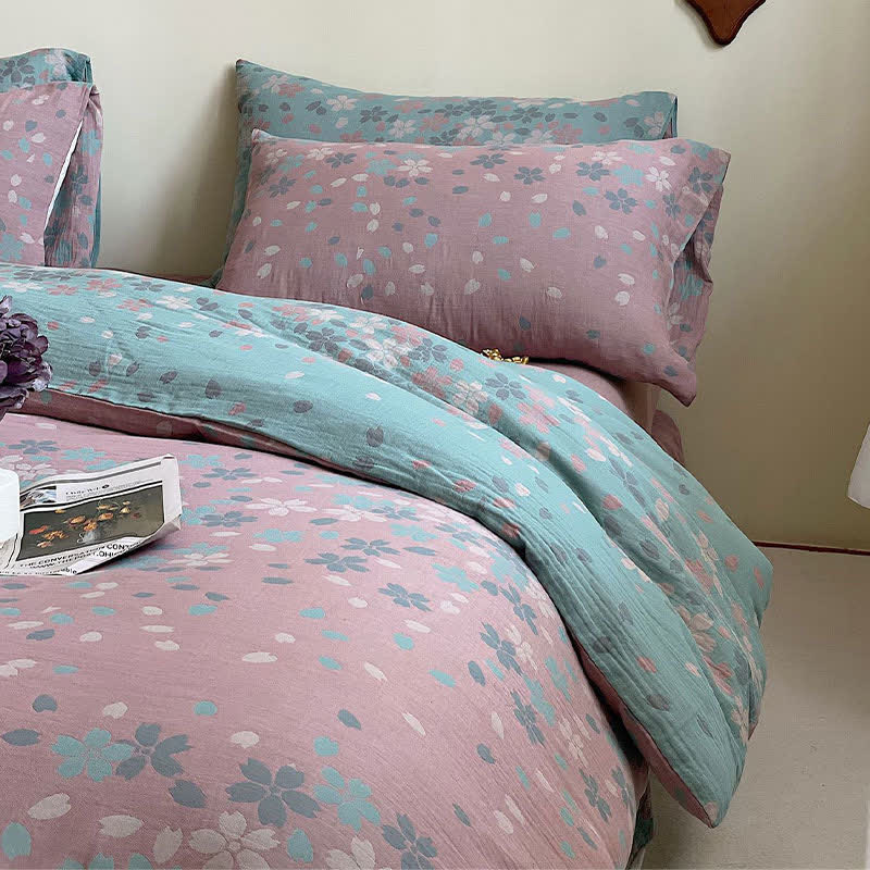 Set di biancheria da letto in garza di cotone con fiori di ciliegio (4 pezzi)