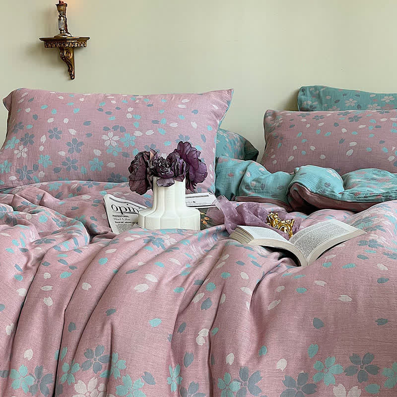 Set di biancheria da letto in garza di cotone con fiori di ciliegio (4 pezzi)