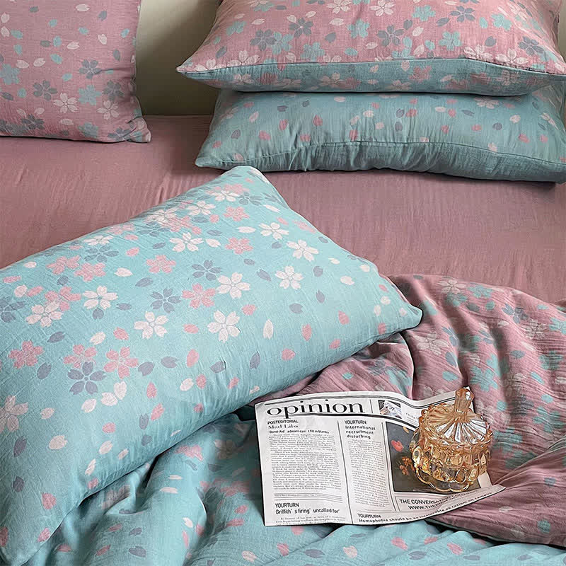 Set di biancheria da letto in garza di cotone con fiori di ciliegio (4 pezzi)