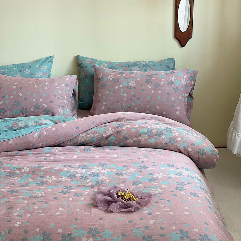 Set di biancheria da letto in garza di cotone con fiori di ciliegio (4 pezzi)