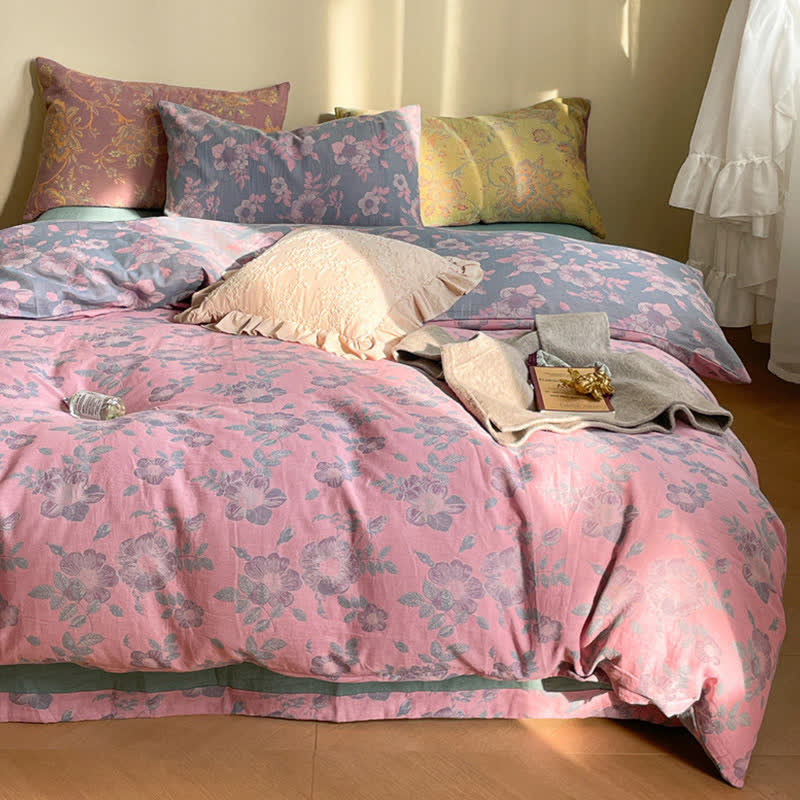 Set di biancheria da letto in garza di cotone con fiori di pesco (4 pezzi)