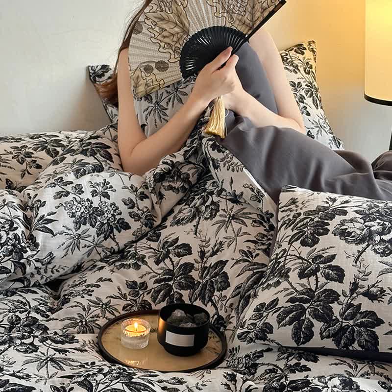 Set di biancheria da letto in cotone naturale Camellia nera (4 pezzi)