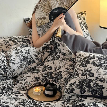 Set di biancheria da letto in cotone naturale Camellia nera (4 pezzi)