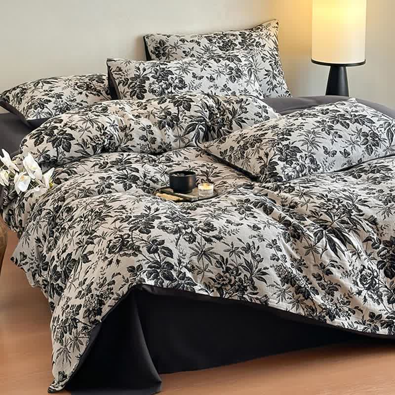 Set di biancheria da letto in cotone naturale Camellia nera (4 pezzi)