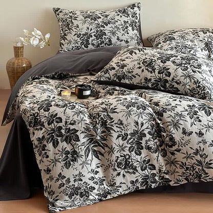 Set di biancheria da letto in cotone naturale Camellia nera (4 pezzi)