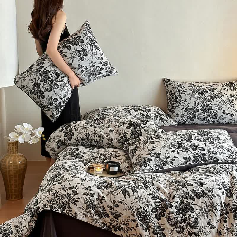 Set di biancheria da letto in cotone naturale Camellia nera (4 pezzi)