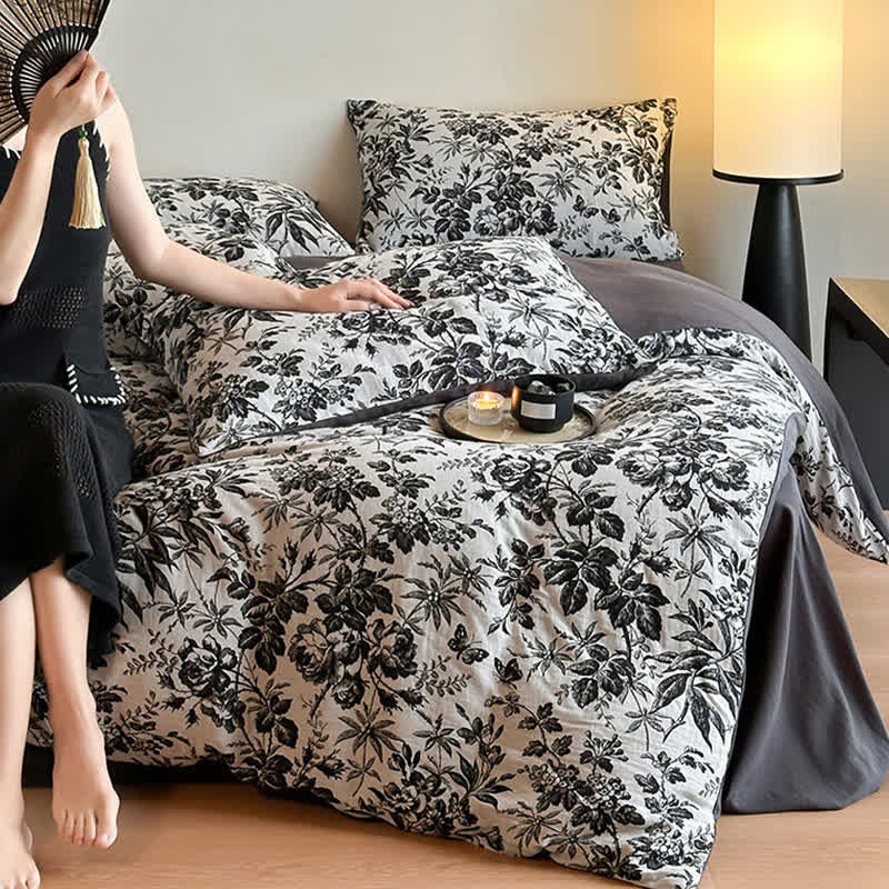 Set di biancheria da letto in cotone naturale Camellia nera (4 pezzi)