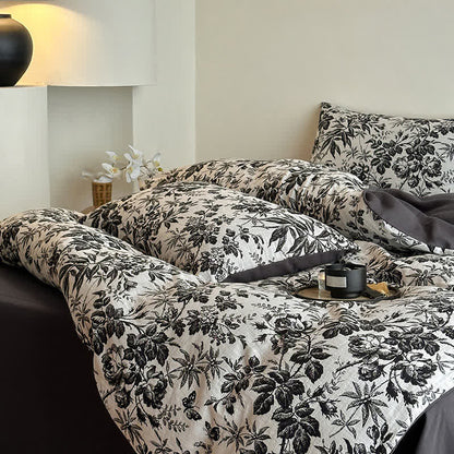 Set di biancheria da letto in cotone naturale Camellia nera (4 pezzi)