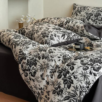 Set di biancheria da letto in cotone naturale Camellia nera (4 pezzi)