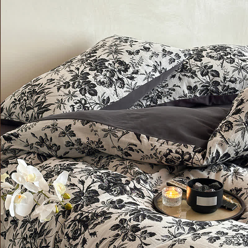 Set di biancheria da letto in cotone naturale Camellia nera (4 pezzi)