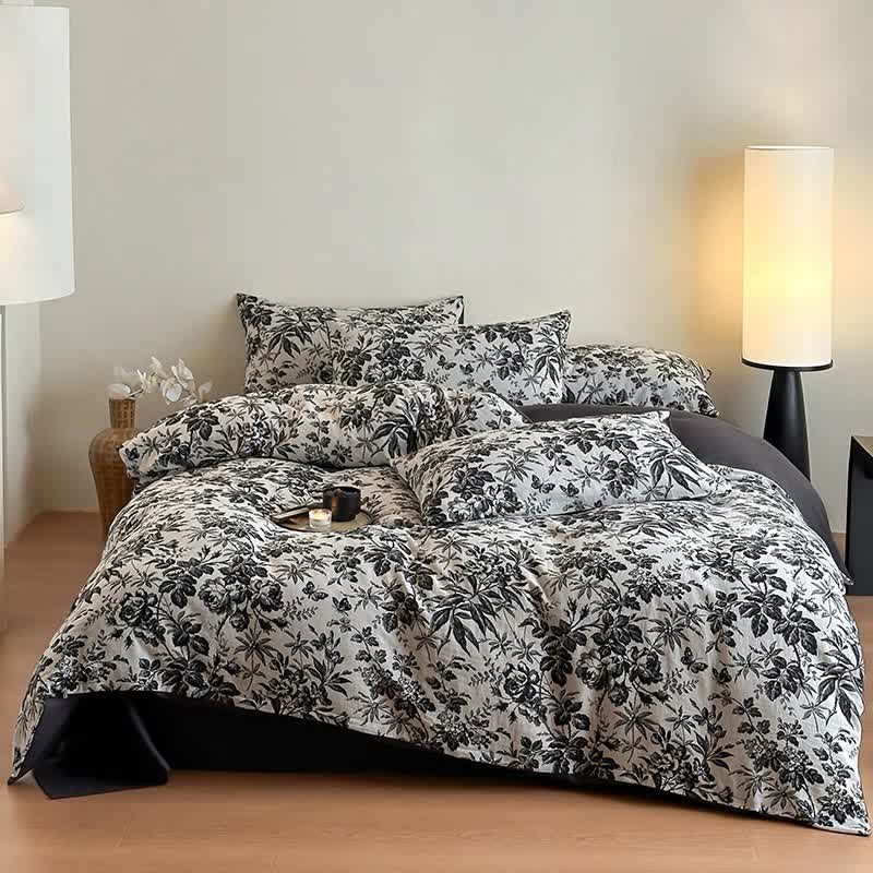 Set di biancheria da letto in cotone naturale Camellia nera (4 pezzi)