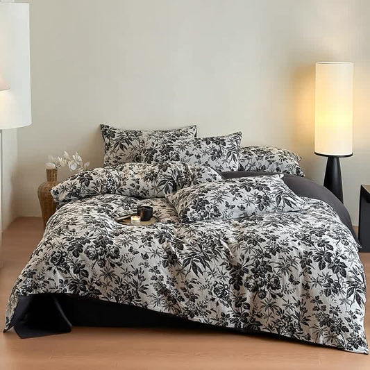 Set di biancheria da letto in cotone naturale Camellia nera (4 pezzi)