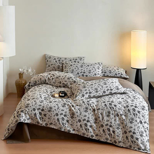 Set di biancheria da letto in cotone naturale floreale nero (4 pezzi)