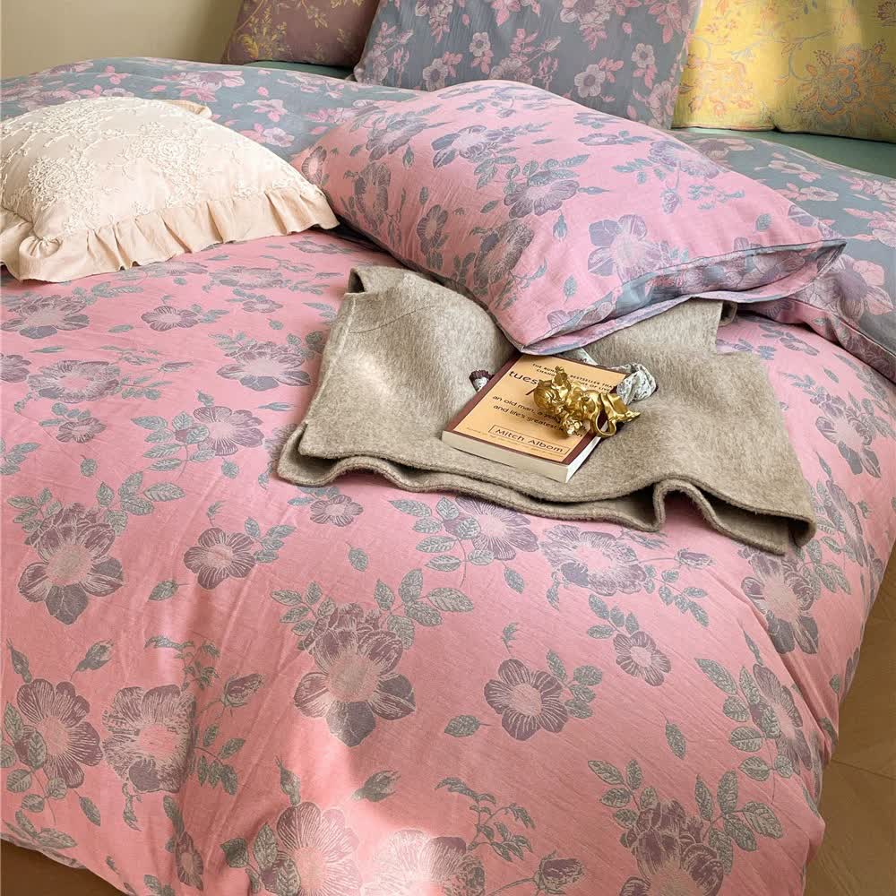 Set di biancheria da letto in garza di cotone con fiori di pesco (4 pezzi)