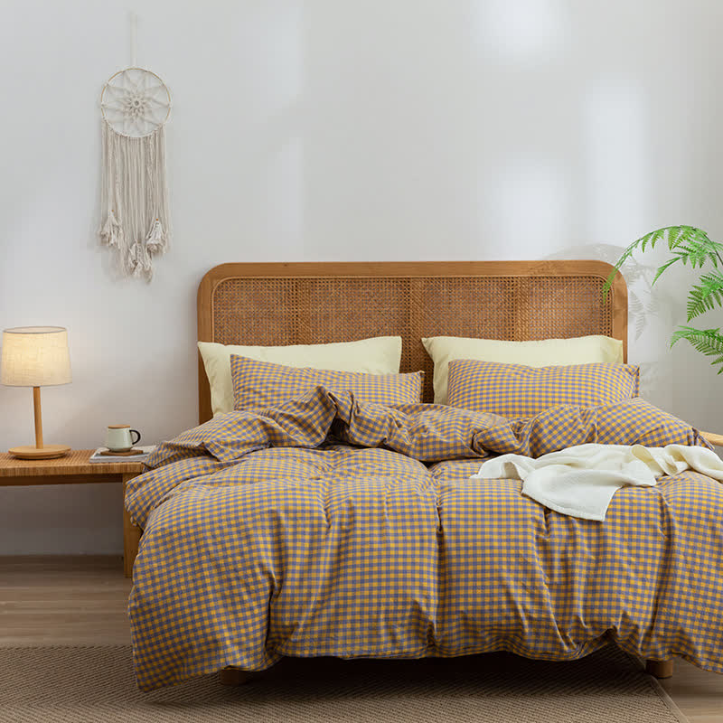 Set di biancheria da letto per dormitorio con copripiumino in cotone a quadri - Viola e giallo - Matrimoniale Extra Lungo - image 14