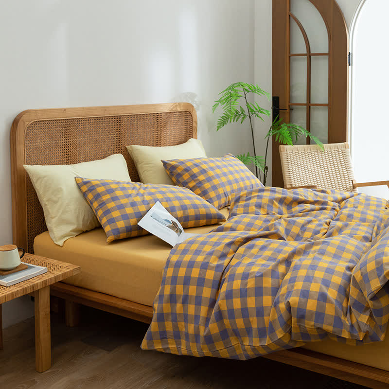 Set di biancheria da letto in cotone a quadri per dormitorio - Viola e giallo - Matrimoniale Extra Lungo - image 3