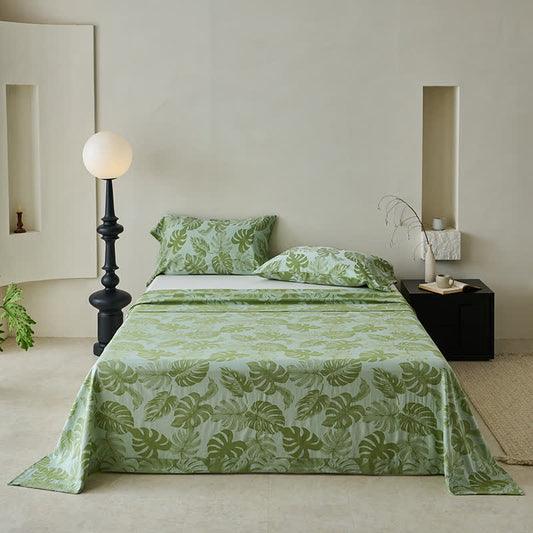 Copriletto in garza di cotone jacquard verde Monstera - Verde chiaro - 2 federe - 41" x 50cm x 50cm - image 1