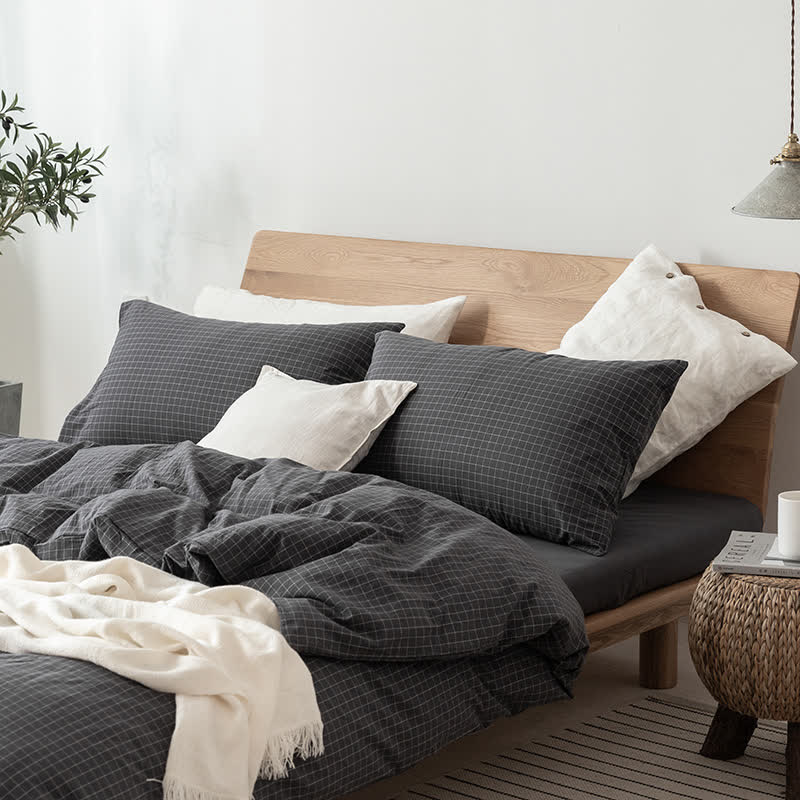 Set di biancheria da letto in cotone con motivo a griglia minimalista - Nero - Matrimoniale Extra Lungo - image 3
