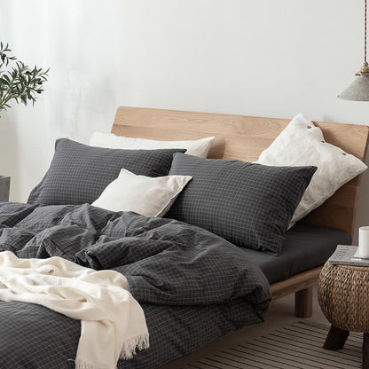 Set di biancheria da letto in cotone con motivo a griglia minimalista - Nero - Matrimoniale Extra Lungo - image 3