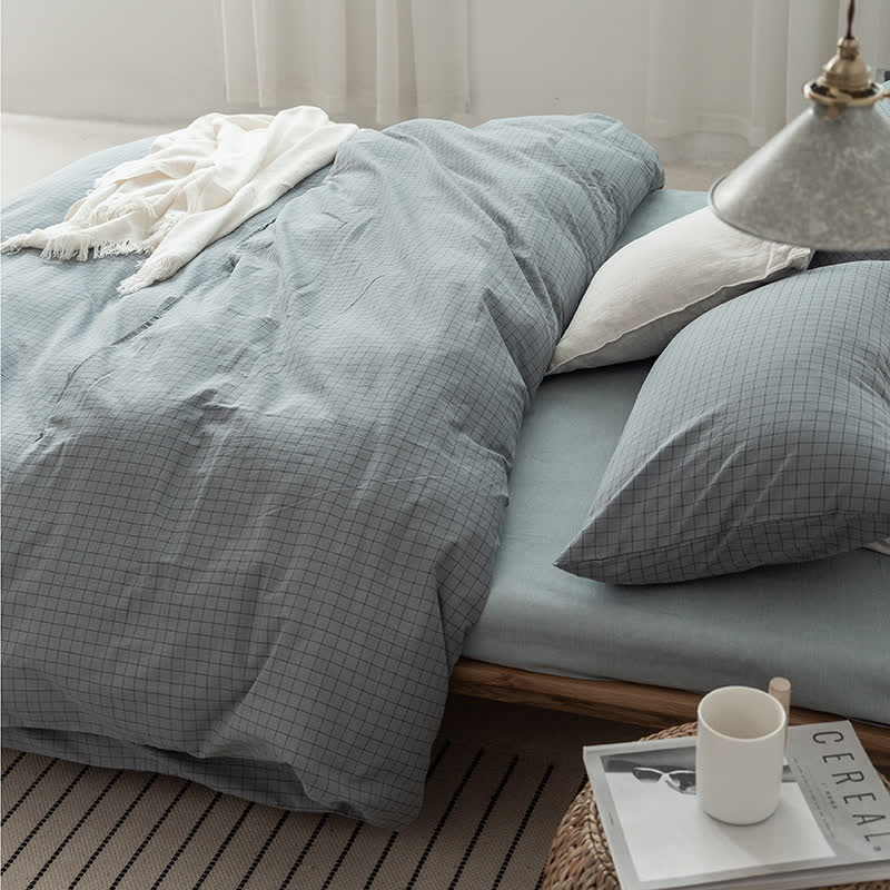 Set di biancheria da letto in cotone con motivo a griglia minimalista - Blu foschia - Matrimoniale Extra Lungo - image 4