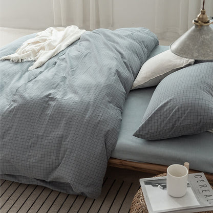 Set di biancheria da letto in cotone con motivo a griglia minimalista - Blu foschia - Matrimoniale Extra Lungo - image 4