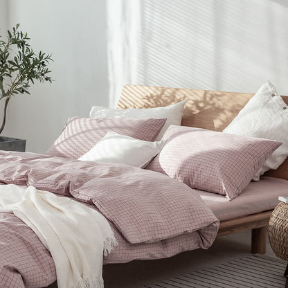Set di biancheria da letto in cotone con motivo a griglia minimalista - Bianco - Matrimoniale Extra Lungo - image 6