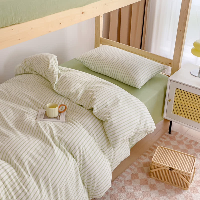 Set di biancheria da letto minimalista a righe in cotone per dormitorio - Verde chiaro - Matrimoniale Extra Lungo - image 1