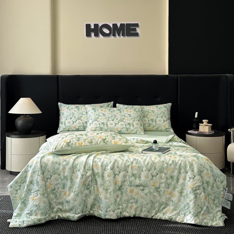 Trapunta naturale con stampa floreale ad acquerello effetto seta - Verde - Set di biancheria da letto - Matrimoniale Grande - image 1