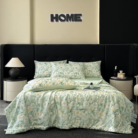 Trapunta naturale con stampa floreale ad acquerello effetto seta - Verde - Set di biancheria da letto - Matrimoniale Grande - image 1