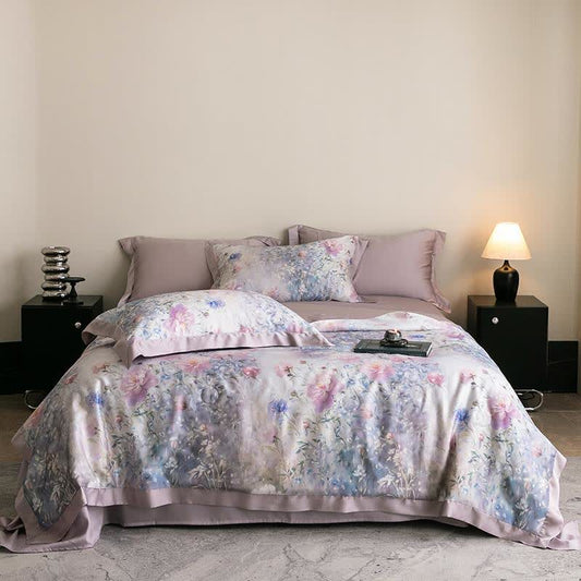 Trapunta naturale setosa con stampa floreale di papaveri - Viola - Set di biancheria da letto - Matrimoniale - image 1