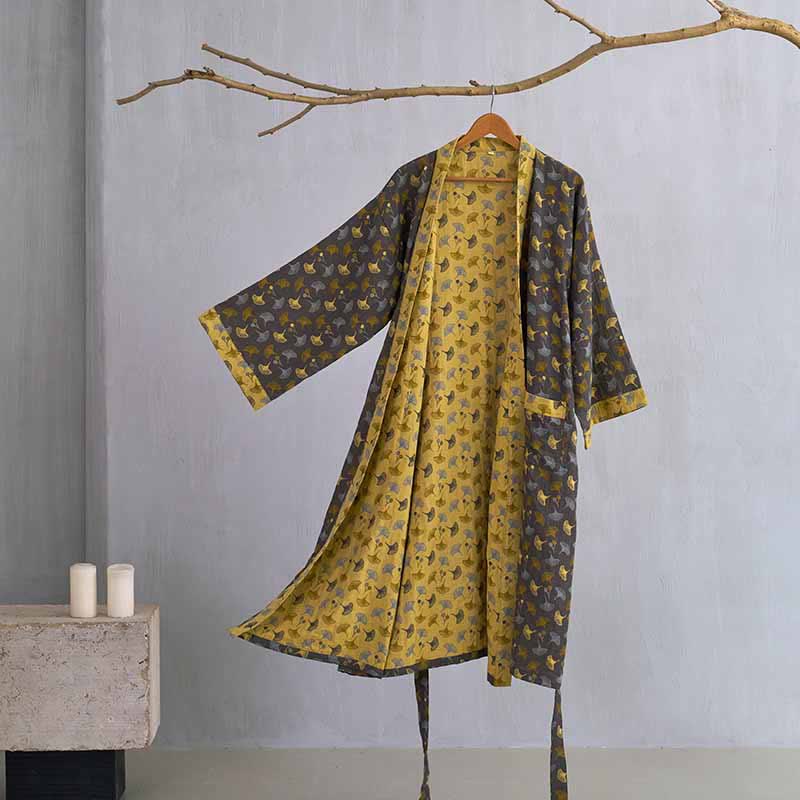 Kimono bicolore in garza di cotone ginkgo - Grigio e giallo - 2XL - image 5