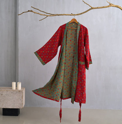 Kimono bicolore in garza di cotone ginkgo - Rosso e verde - 2XL - image 7