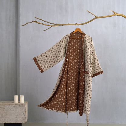 Kimono bicolore in garza di cotone ginkgo - Beige e caffè - XL - image 9