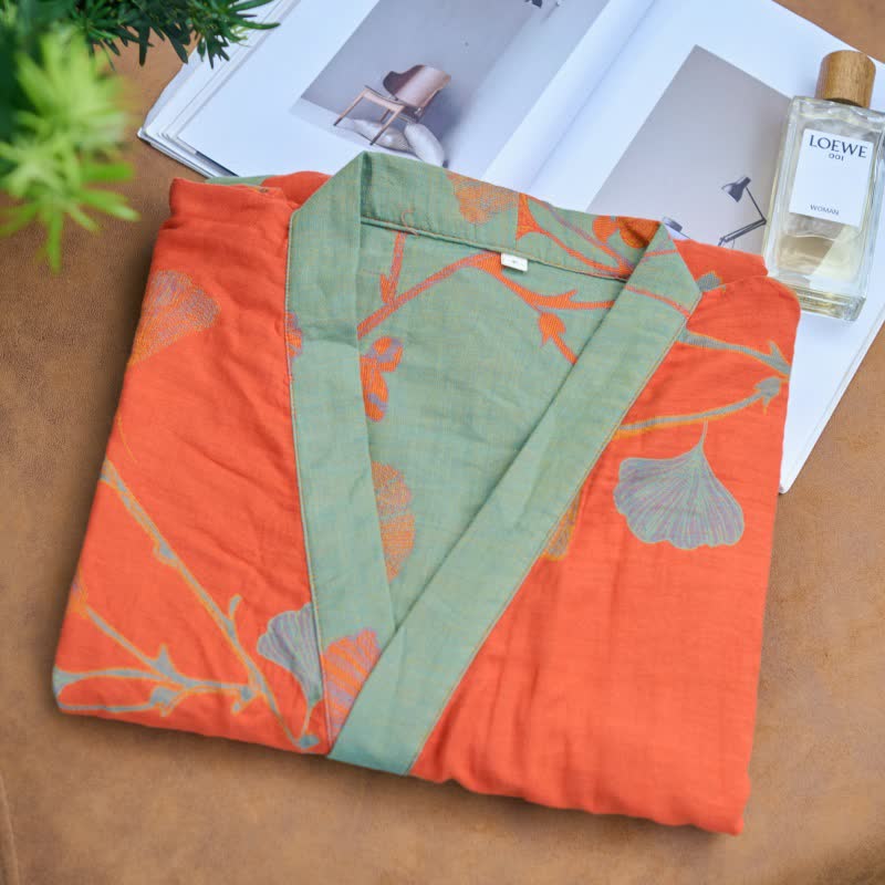Grande kimono in cotone con foglie di ginkgo - image 1
