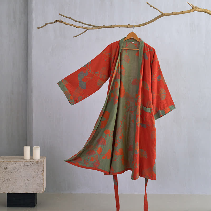 Grande kimono in cotone con foglie di ginkgo - Arancione e verde - XL - image 8