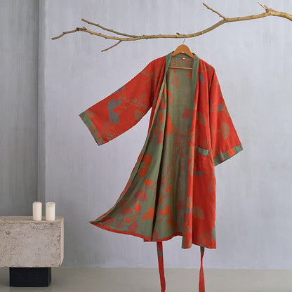Grande kimono in cotone con foglie di ginkgo - Arancione e verde - XL - image 8