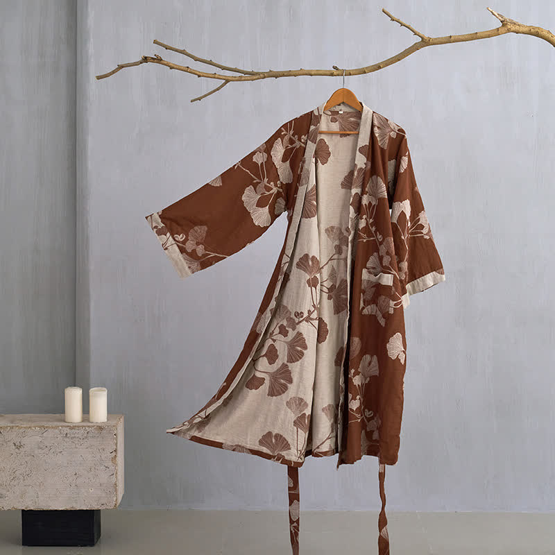 Grande kimono in cotone con foglie di ginkgo - Caffè e beige - XL - image 2