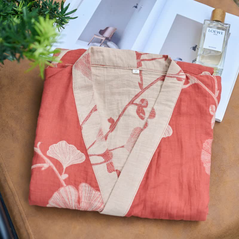 Grande kimono in cotone con foglie di ginkgo - image 5
