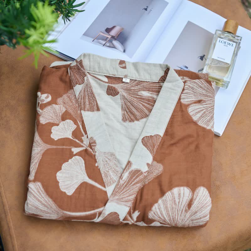 Grande kimono in cotone con foglie di ginkgo - image 3