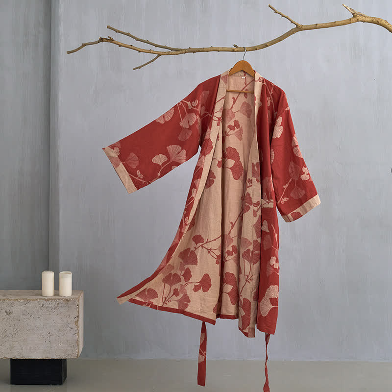 Grande kimono in cotone con foglie di ginkgo - Rosso e nudo - XL - image 10
