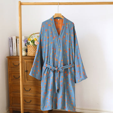 Tranquillo kimono giapponese in cotone floreale - Blu e arancione - L - image 1