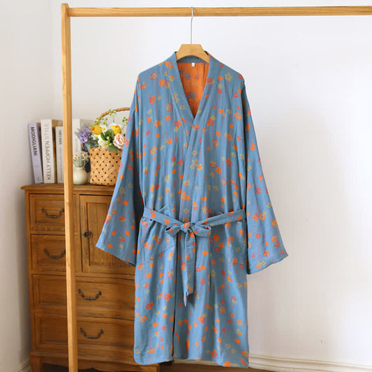 Tranquillo kimono giapponese in cotone floreale - Blu e arancione - L - image 1