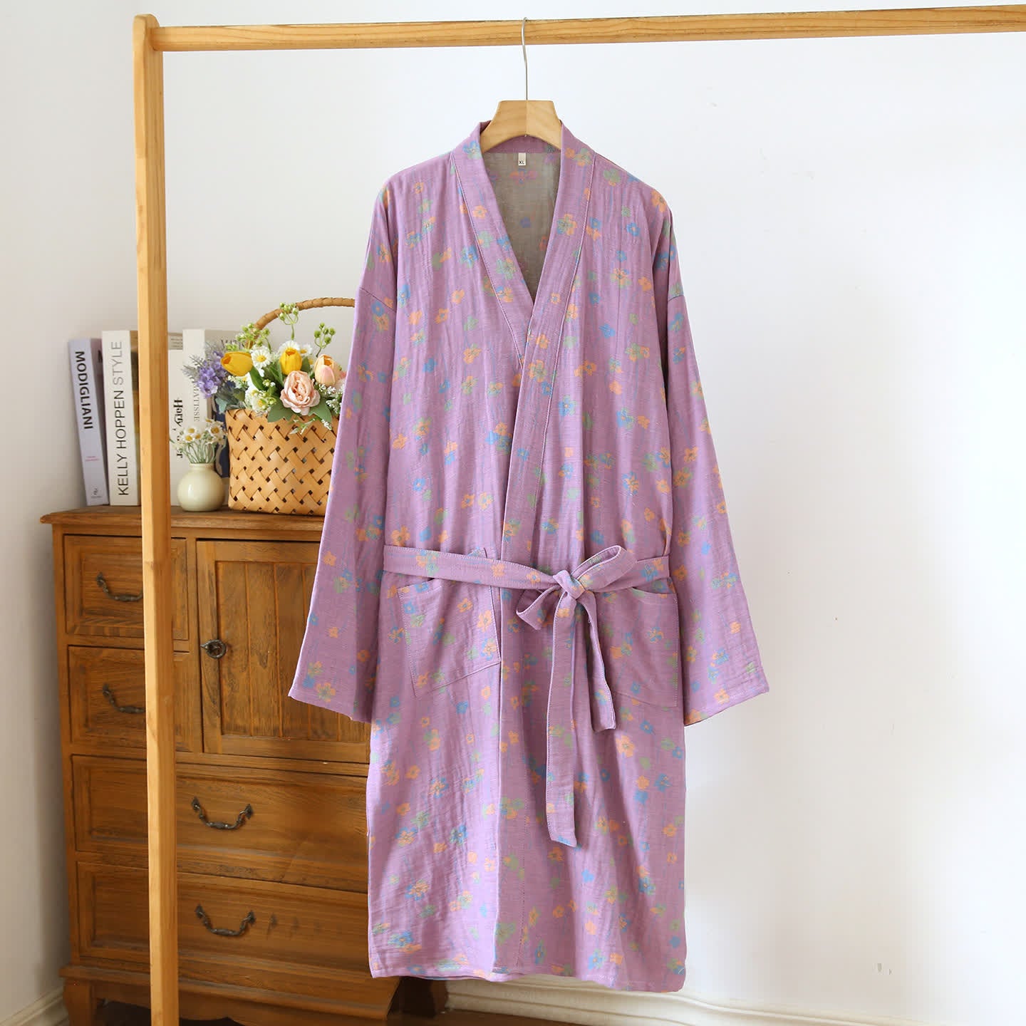 Tranquillo kimono giapponese in cotone floreale - Viola chiaro e verde - L - image 2