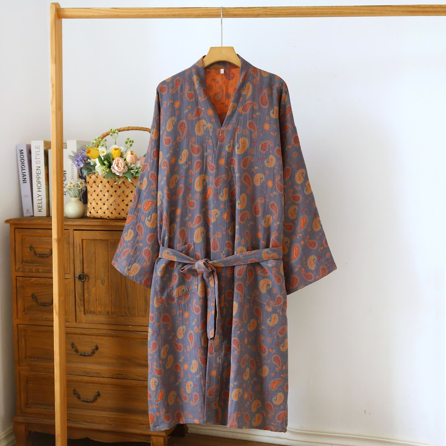 Kimono giapponese in garza di cotone Paisley - Grigio scuro e arancione - L - image 9